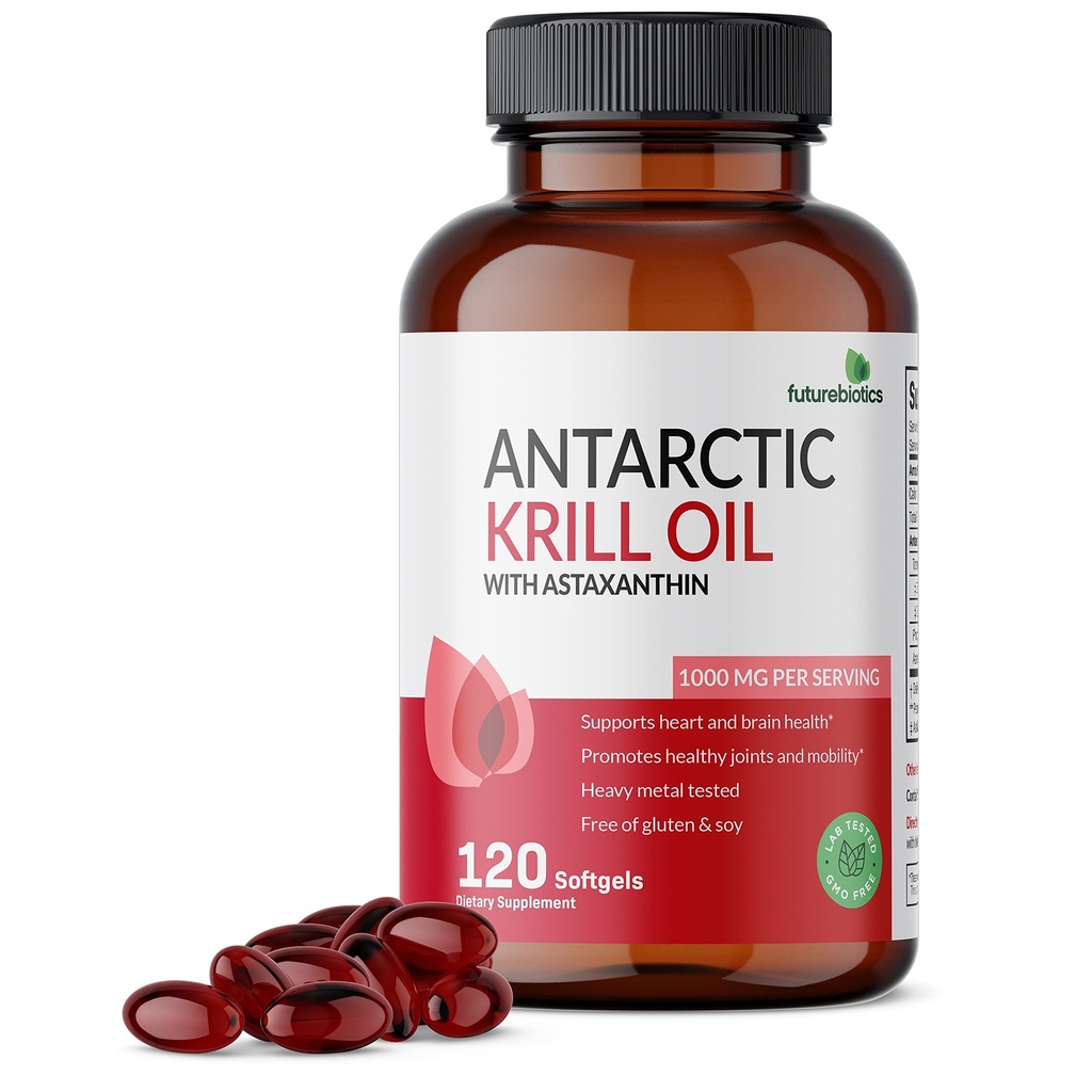 Futurebiotics Antarctic Krill Oil 1000mg with Omega-3s EPA, DHA, Astaxanthin and Phospholipids - Premium Krill Oil Heavy Metal Tested, Non GMO – 120 Softgels (60 Servings)