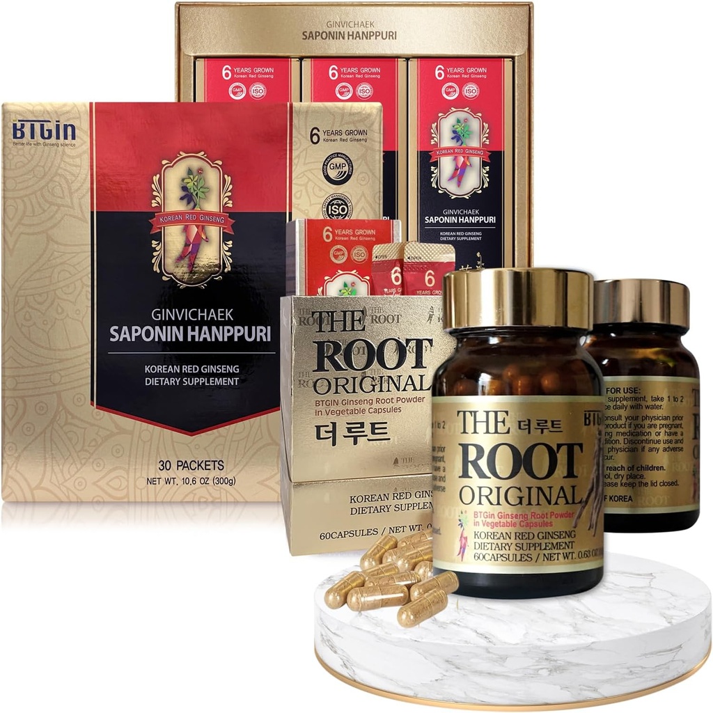 Koreanska Röda Ginseng Extract 3000mg och kapslar Bundle - Saponin Hanppuri + Root Original - Naturliga energitillskott för immunstöd, stressavlastning, fokus och mental klarhet med Ginsenoside Rg3