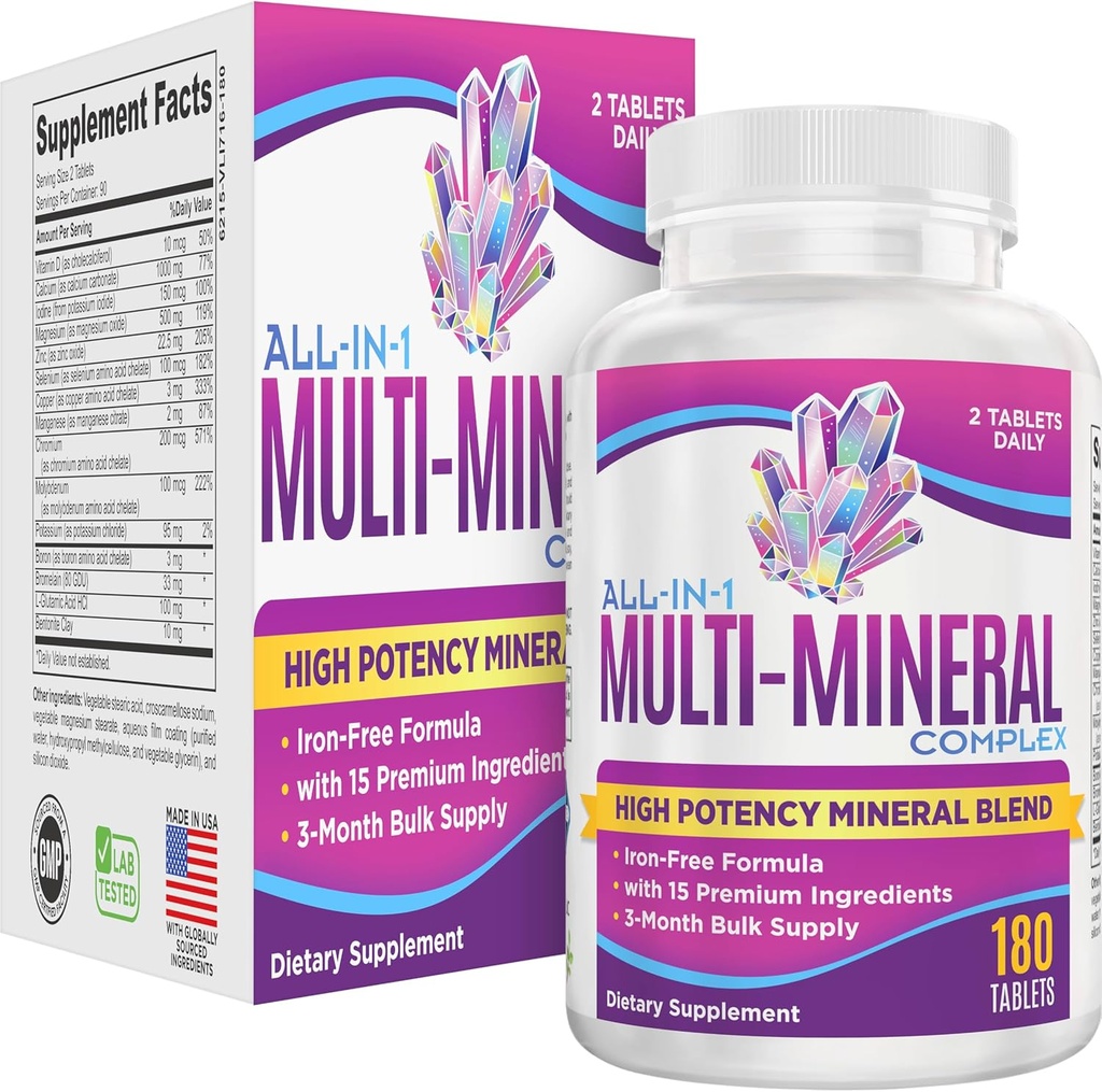 All-in-1 Multimineral Supplement Blend (järnfri Formel) Multimineraler | Spårmineraler | High-Potency Multi Mineral Supplements | Mineral Complex | 90-Day Bulk Supply | 180 tabletter