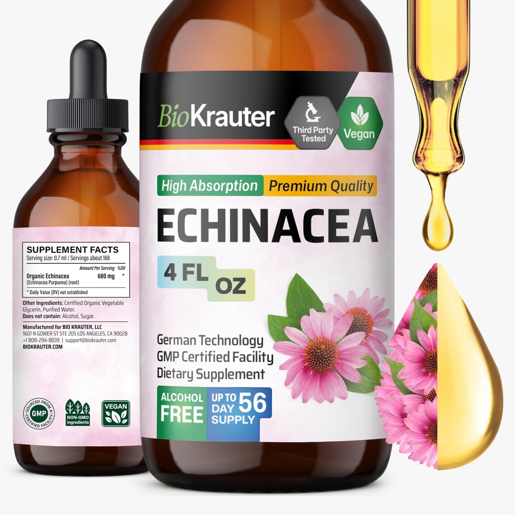 BIO KRAUTER Echinacea Drops - Natural Immune Support - Echinacea Tincture Supplement - Vegan, alkohol och sockerfri droppar - 4 Fl.Oz.