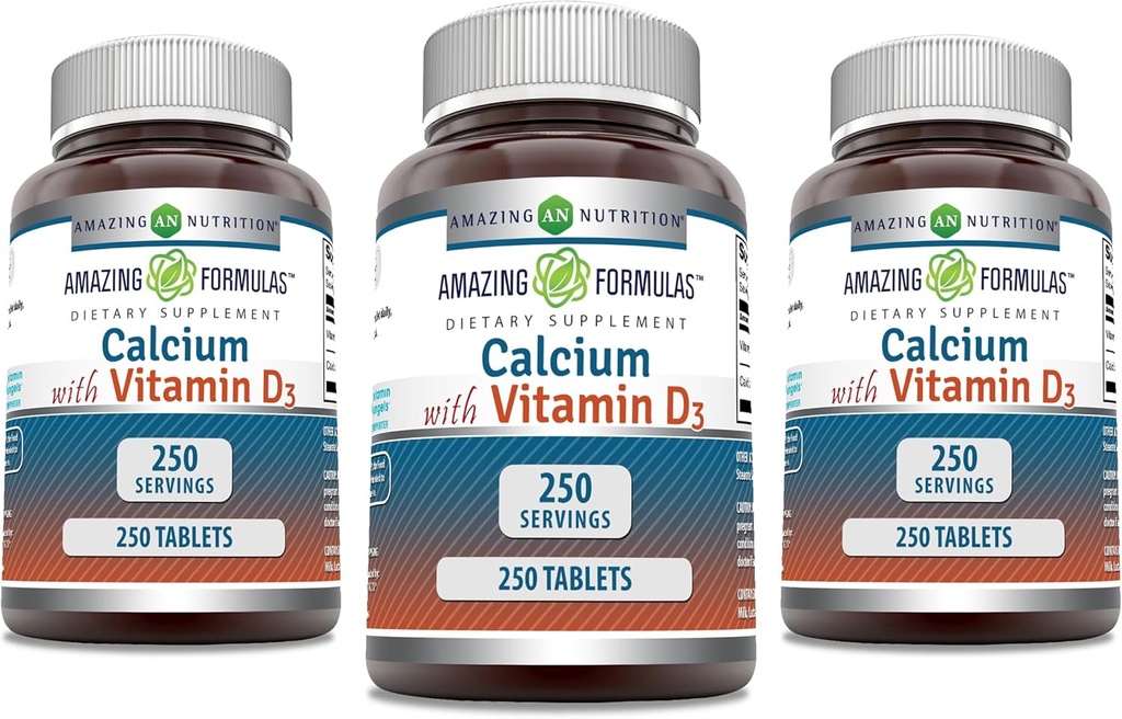 Fantastisk formler Calcium med vitamin D3 Supplement | Tabletter | Icke-GMO | Glutenfri | Made in USA (3 Pack, 250 greve)