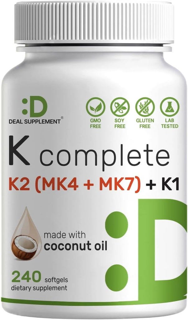 DEAL SUPPLEMENT Vitamin K Complete - 240 Coconut Oil Softgels | High Potency Vitamin K2 (MK-7 och MK-4) & K1 | Full Spectrum Triple Vitamin K | Bone, Joint & Immune Support - Non-GMO