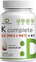 DEAL SUPPLEMENT Vitamin K Complete - 240 Coconut Oil Softgels | High Potency Vitamin K2 (MK-7 och MK-4) & K1 | Full Spectrum Triple Vitamin K | Bone, Joint & Immune Support - Non-GMO