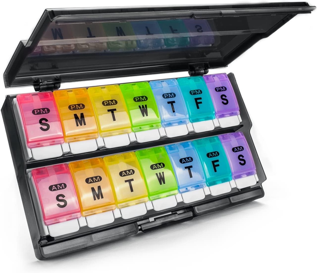 Extra stor Weekly Pill Organizer 2 gånger om dagen - Remtise Am / Pm Daily Pill Case Medicine Organizer, Push Button 7 Day Pill Box för piller / Vitamin / Cod Liver Oil / tillägg (Rainbow)