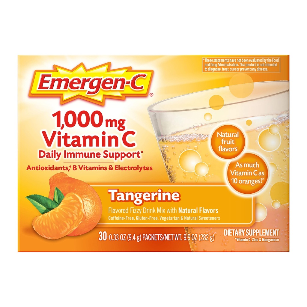 Emergen-C 1000mg Vitamin C Immune Support Powder Tangerine 30CT inkluderar Zink, Manganese, 7 B Vitaminer och Electrolytes för Back to School Essentials
