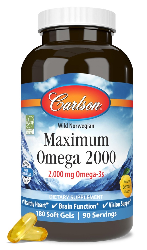 Carlson - Maximum Omega 2000, 2000 mg Omega-3 Fatty Acids Including EPA and DHA, Wild-Caught, Norwegian Fish Oil Supplement, Sustainably Sourced Fish Oil Capsules, Lemon, 180 Softgels