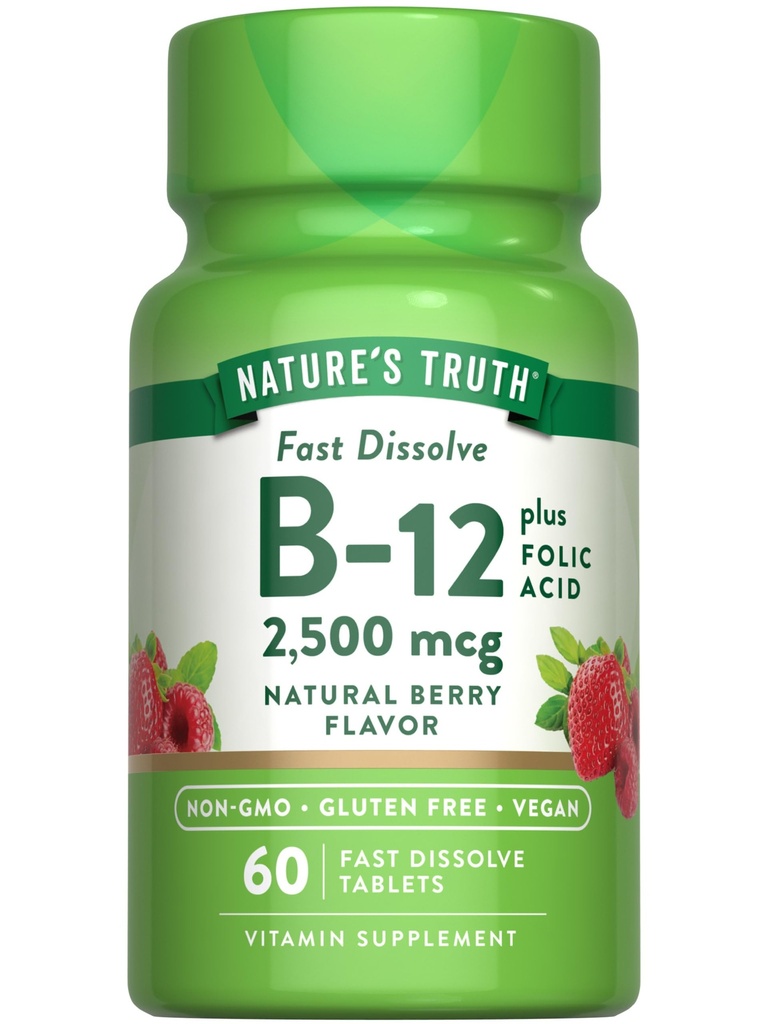 Naturens Sanning B12 Vitamin | 60 Snabbupplösta tabletter | 2500 mcg | med folsyra | Vegan, icke-GMO & Gluten Free