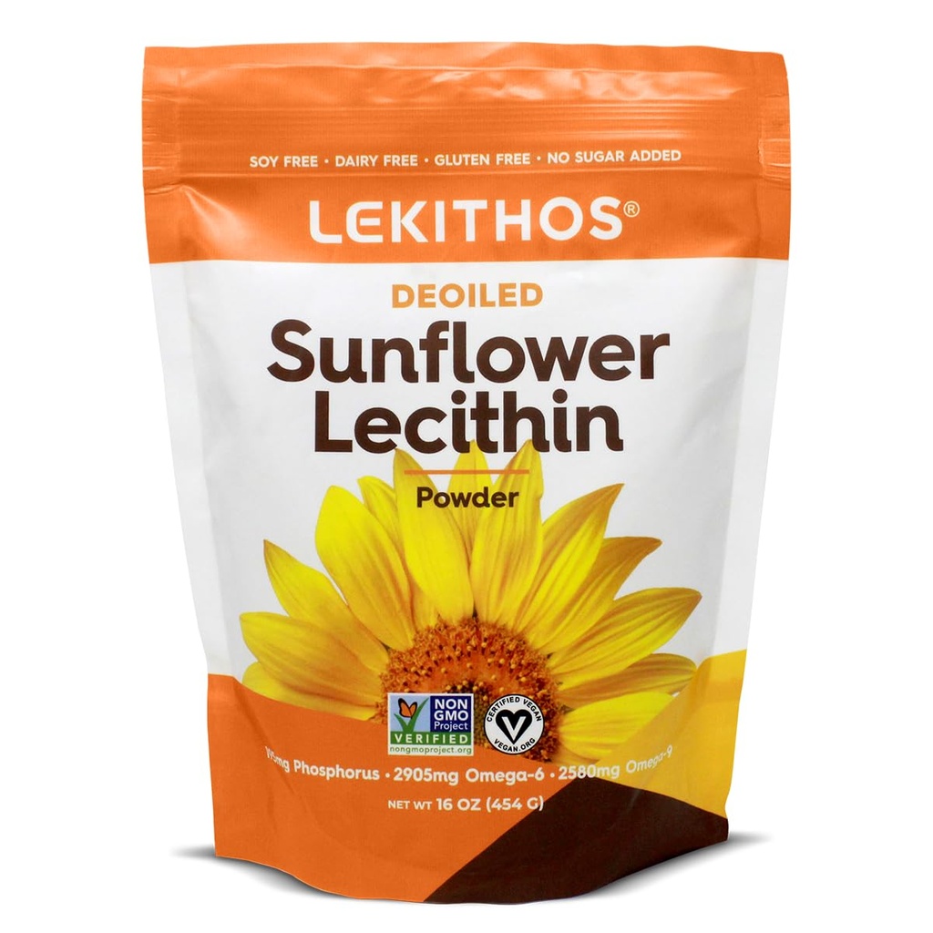 Deoiled Sunflower Lecithin Powder 16oz, Daily Lecithin Supplement för matlagning, Baking & Gummies, 1760mg Phosphatidyl Choline Supplement - Bra för täppt mjölkdukter! 65 portioner, icke-GMO