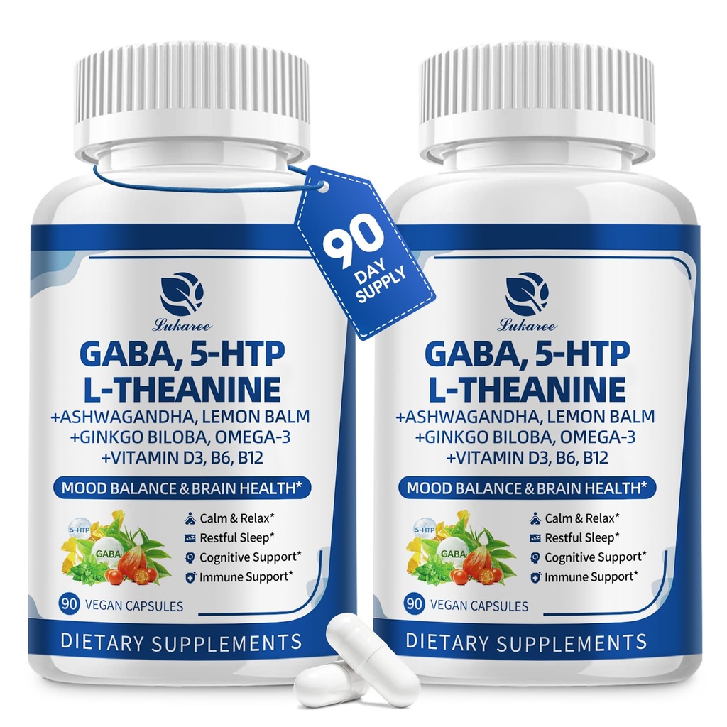 GABA Supplements 750mg with L Theanine, 5HTP, Ashwagandha, Lemon Balm, Ginkgo Biloba, Omega-3, 10 in 1 GABA Calm Capsules for Sleep, Relaxation, Focus, Mood Support, Cortisol Balance - 2 Pack