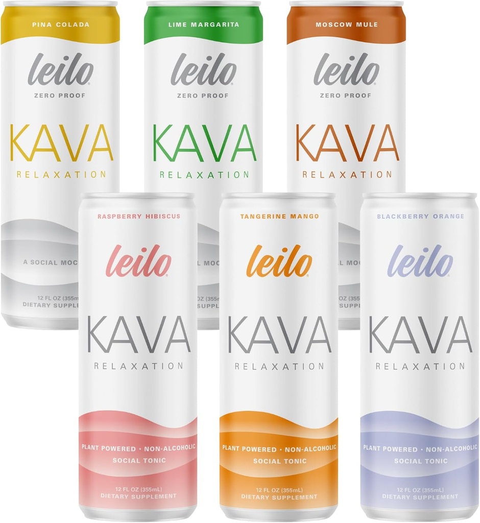 LEILO | Kava Powered Sparkling Relaxation Drink | Variety Sampler 6-Pack - Non-ALC Calming Beverage - Inkluderar (3) Classic & (3) Mocktail Flavors | 12 fl oz Cans (Pack of 6)