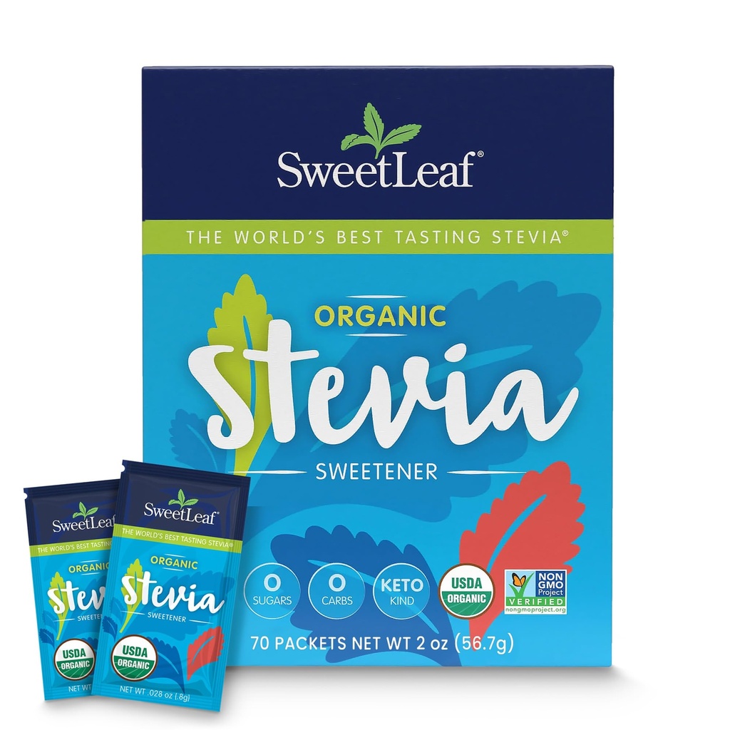 SweetLeaf Organic Stevia Powder Packets - Zero Calorie Sweetener med Stevia Leaf Extract, No Artificial Sweetener Additive, Sugar Free, Keto Friendly, Non GMO, Gluten Free - 70 Packets (Pack of 1)