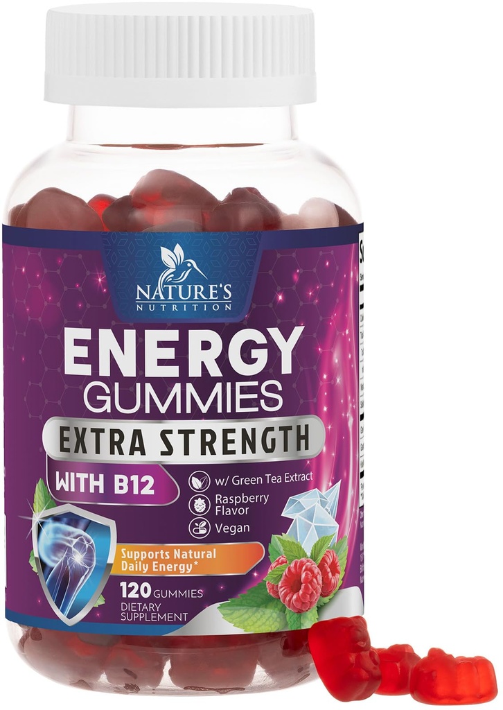 Energy Gummies 1000mcg - med vitamin B12, Green Tea Natural Caffeine Support, Daily Energy Gummies - Delicious Berry Flavor B12 Chewable Exercise Supplement för körning Cycling & Sports - 120 Chews