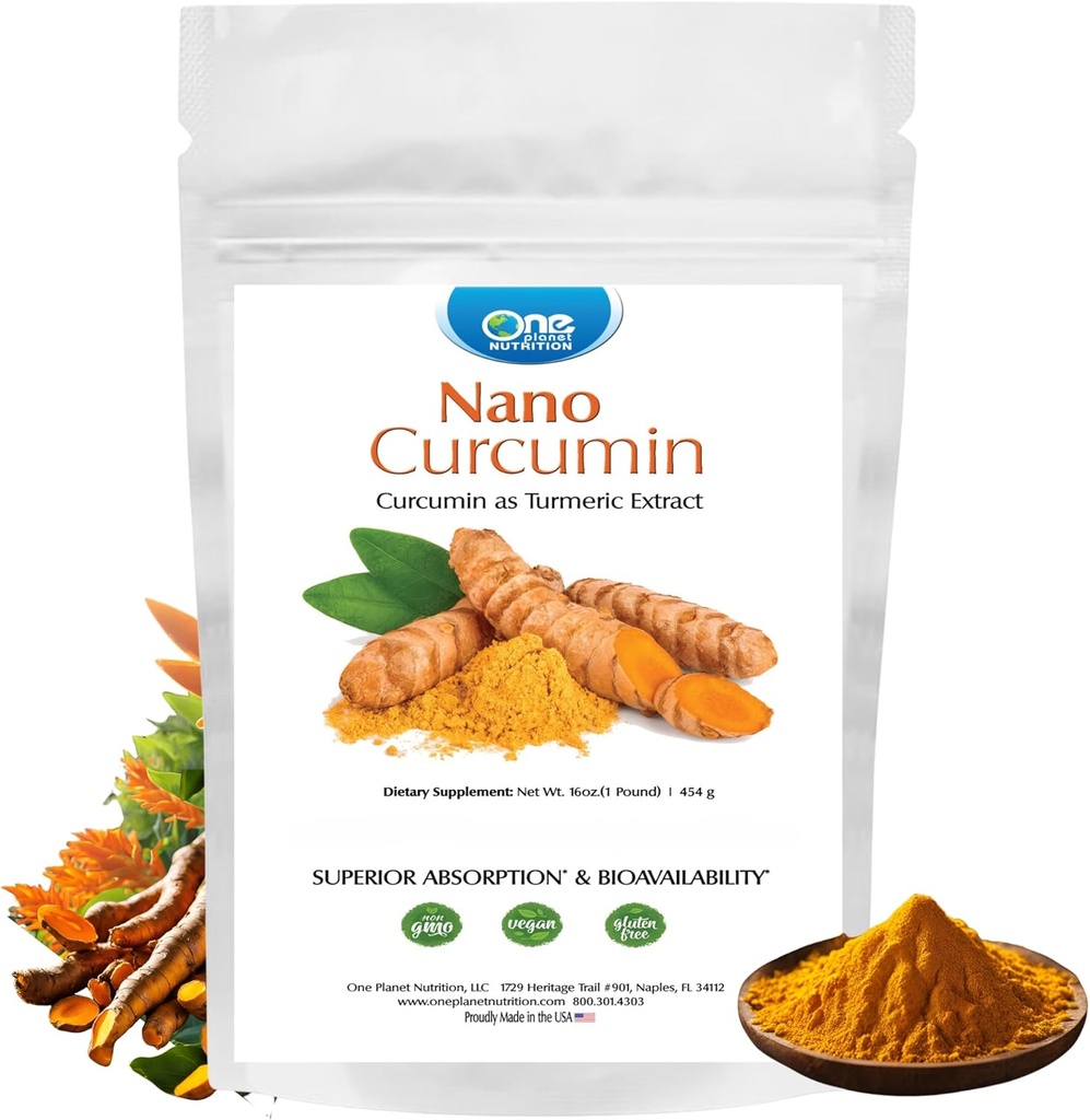 En Planet Nutrition Nano Curcumin Powder 16 oz (454 Servings), Pure Turmeric Extract, Maximum Absorption för förbättrad Curcumin Fördelar, Non-GMO, Vegan, Gluten-Free.