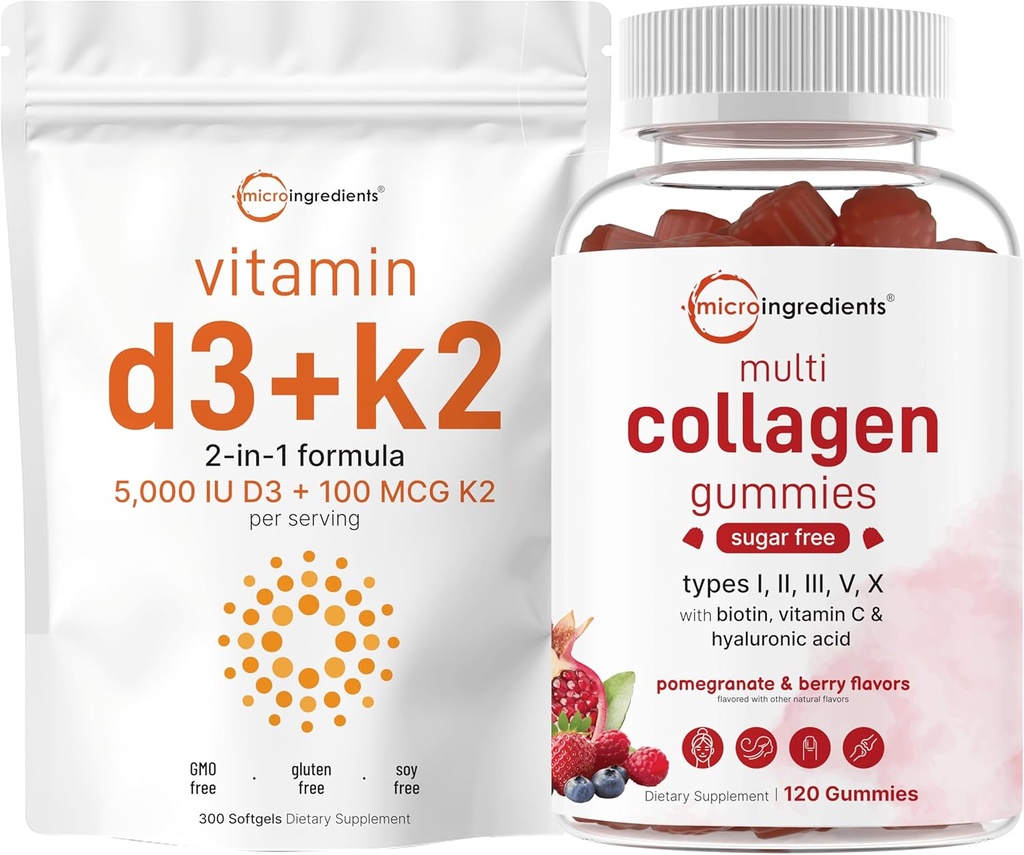 Micro Ingredients Vitamin D3 5,000iu + K2 100mcg Softgels & Multi Collagen Peptides Gummies Bundle Pack | Essential Sunshine Vitamins | Typ I,II, II, V, X Protein med Biotin, Hyaluronic Acid, & Vitami