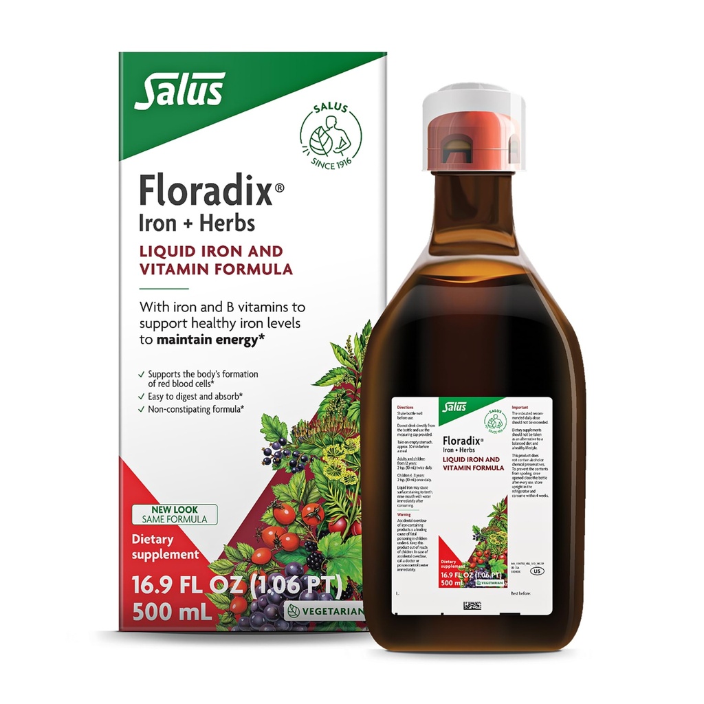 Floradix Iron & Herbs - Liquid Herbal Supplement för energistöd - Järntillskott med C-vitamin och vitamin B-komplex - för män och kvinnor - 16,9 fl oz