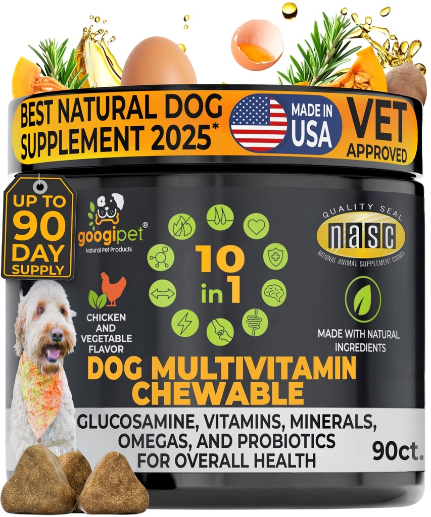 Googipet Premium 10 i 1 Dog Vitamins Multivitamin Chewable med Probiotics for Gut Health, Dog Vitaminer och Supplements w/Vitamin C & Glucosamine för gemensamt stöd (Chicken & Vegetable Flavor)