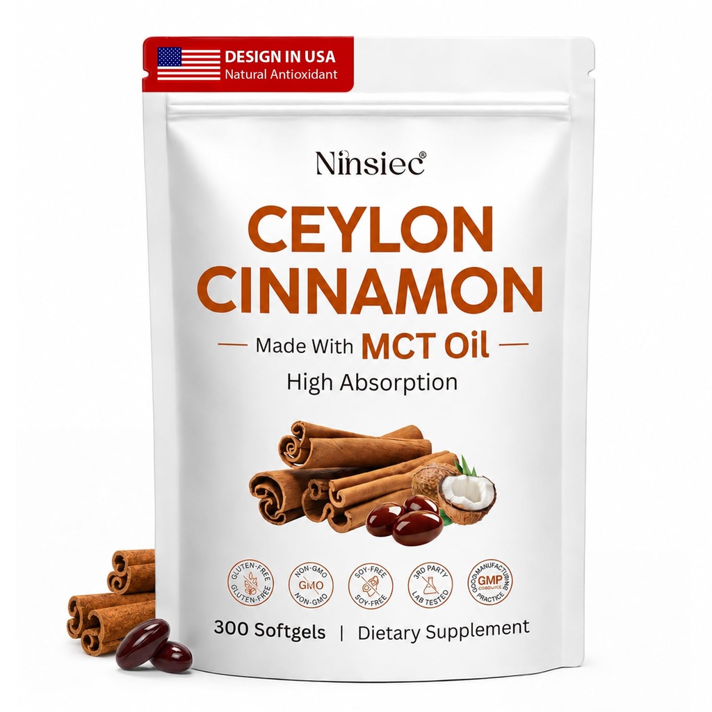 Ninsiec Ceylon Cinnamon with MCT Oil Supplements 1200mg 300 Softgels | High Potency, Non-GMO, Gluten Free