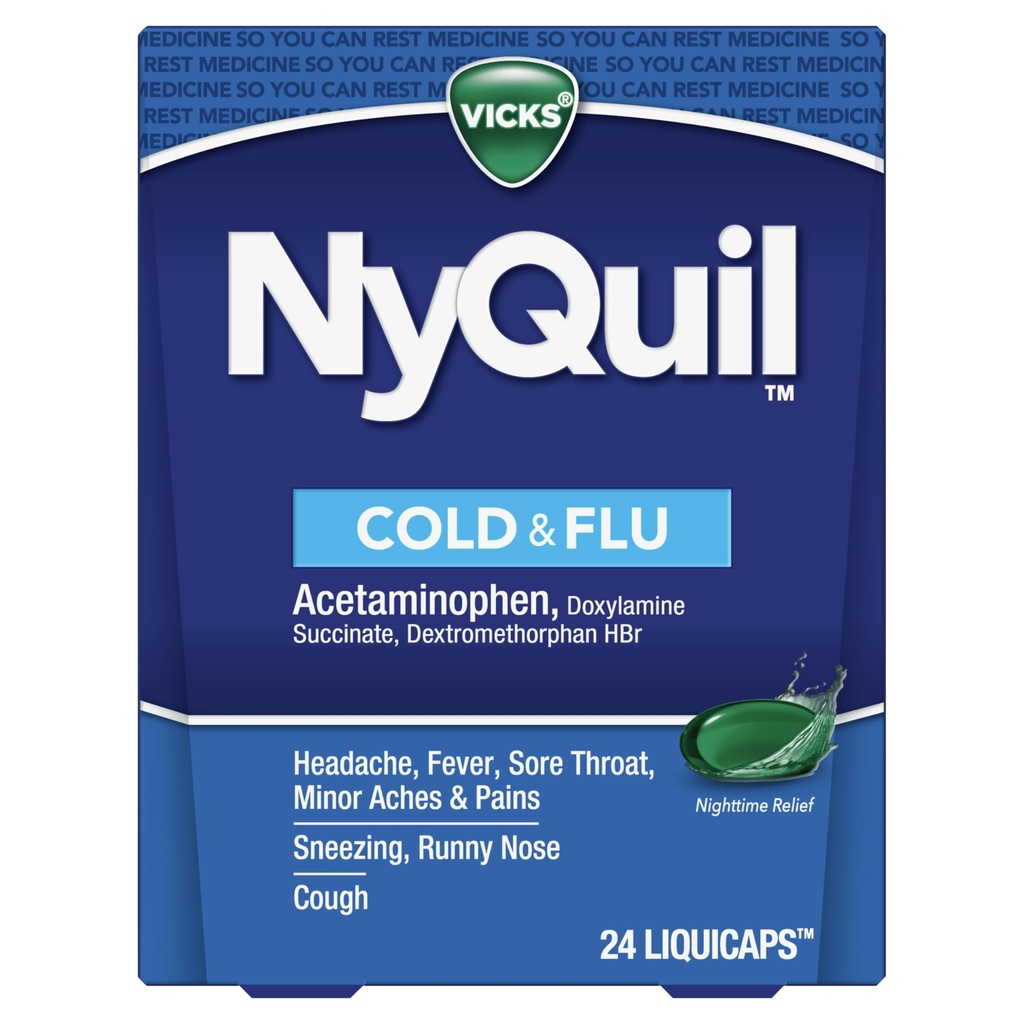 Vicks NyQuil Cold & Flu Relief Over-the-Counter Medicine, Powerful Multi-Symptom Nighttime Relief for Headache, Fever, Sore Throat, Minor Aches and Pains, Sneezing, Runny Nose, and Cough, 24 Liquicaps