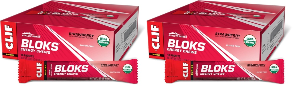 CLIF BLOKS - Strawberry Flavor - Energy Chews - Non-GMO - Plant Based - Fast Fuel for Cycling and Running - Quick Carbohydrates and Electrolytes - 2.12 oz.,18 Count (Pack of 2)