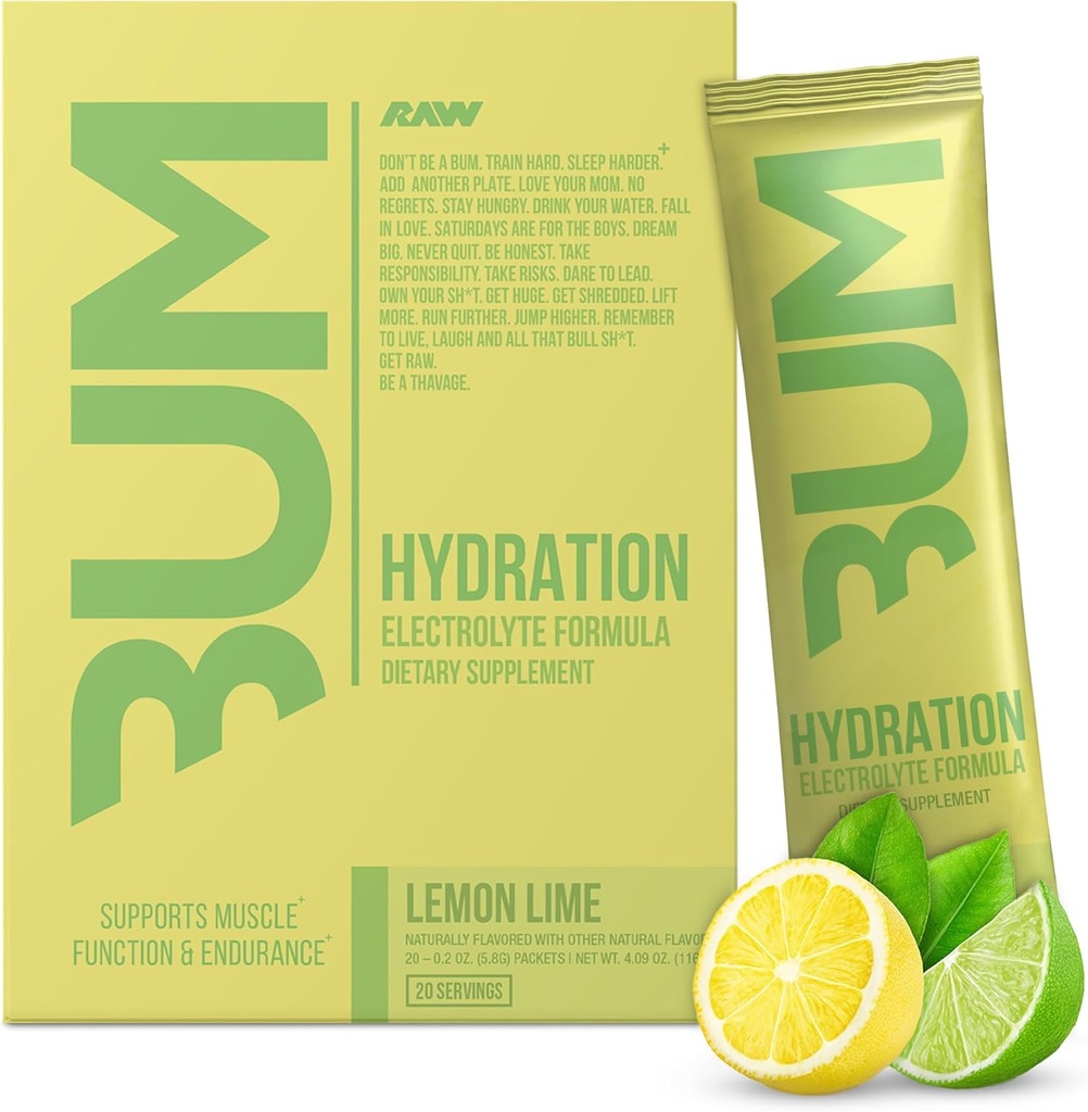 RAW Electrolytes Powder Hydration Drink Mix Packets, Bum Hydrate (Lemon Lime, 20 portioner) - Electrolyte Hydration Packets stöder muskelfunktion och uthållighet - Keto Free Electrolytes Powder Packets