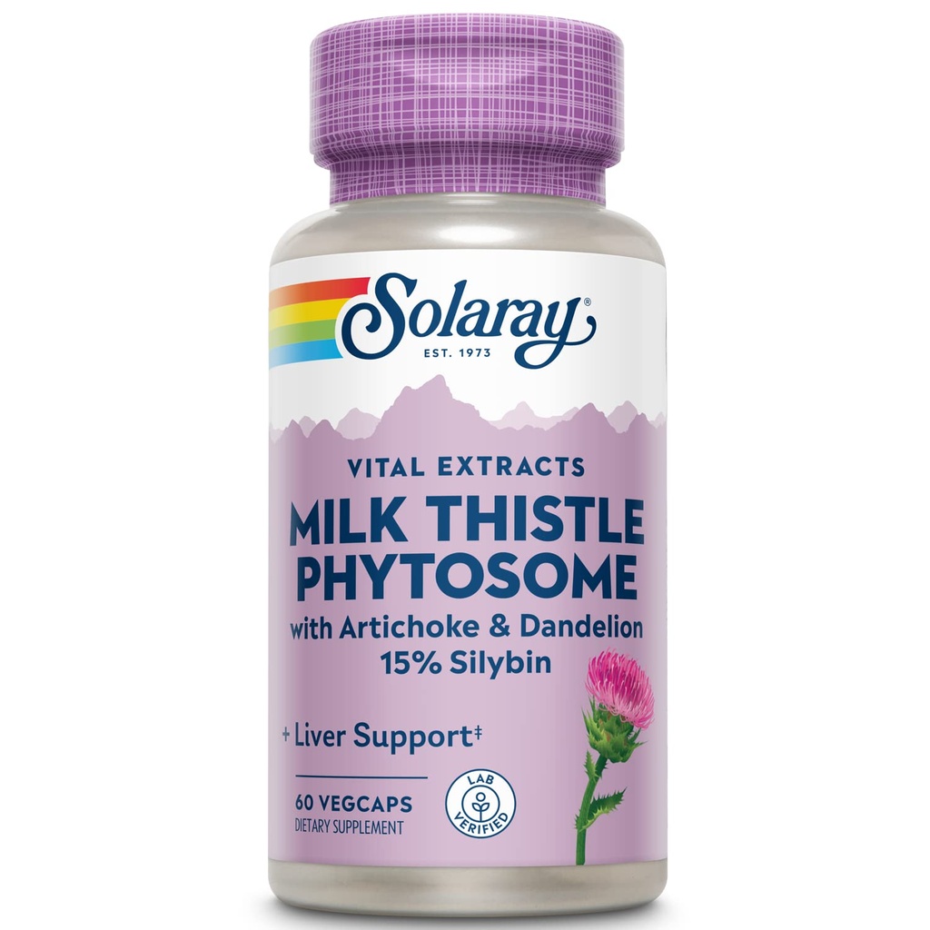 SOLARAY Milk Thistle Phytosome med Artichoke, Dandelion och Ginger - Milk Thistle Extract Supply 15% Silybin - Lever Supplement - 60-dagars garanti, Lab Verified - 60 portioner, 60 VegCaps