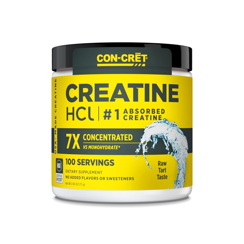 CON-CRET Creatine HCl Powder | Muskel, kognitiv, cellulär energistöd | Inget uppblåst eller kramper | USA Made & NSF Certified | Unflavored (100 servering)
