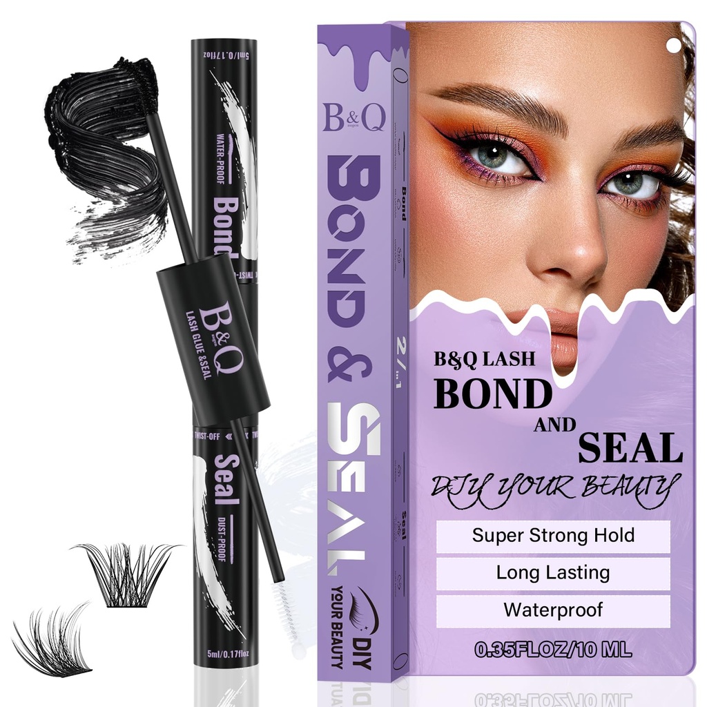 B&Qaugen Lash Bond and Seal Waterproof 10ML Eyelash Bond and Seal Lash Glue for Lash Clusters 72 Hours Black Lash Glue and Bond Super Strong Lash Extension Bond and Seal Long Lasting (NewST-HEI New)