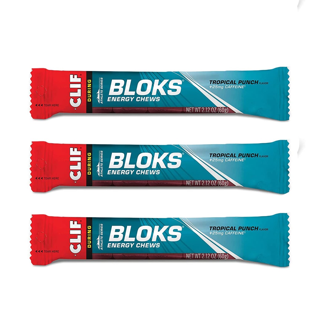 CLIF BLOKS - Energy Chews - Tropical Punch med 25 mg koffein-icke-GMO - Växtbaserad mat - Snabbbränsle för cykling och körning -Workout Snack (2.1 Ounce Packet, 3 Count)