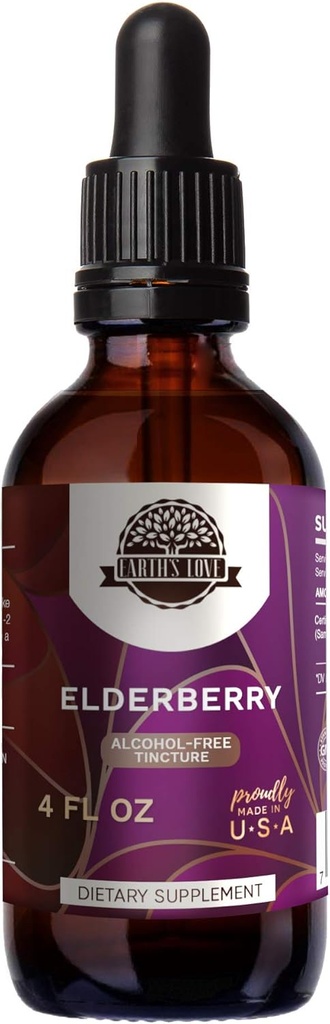 Jordens kärlek - Elderberry Alcohol-Free Herbal Extract Tincture, Super-Concentrated Elderberry (Sambucus Nigra) Torkade Berry (4 Fl Oz)