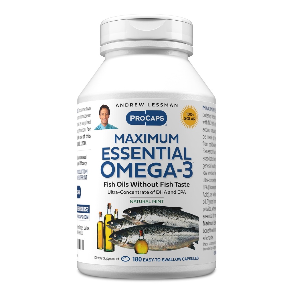 ANDREW LESSMAN Maximal Essential Omega-3 Mint - 180 Softgels - Ultra-Pure, High Potency Omega-3 Oljor. Hög DHA, ingen mage upprörd, inga föroreningar, ingen kvicksilver. Liten lätt att svälja Softgels