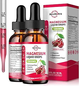 2 Pack Magnesium Glycinate Liquid Drops, 1000mg Magnesium Glycinate, Taurate & Citrate Liquid Drops för ben, sömn, lugn, muskel, energi och avkoppling, hög absorption, sockerfri Cherry Flavor
