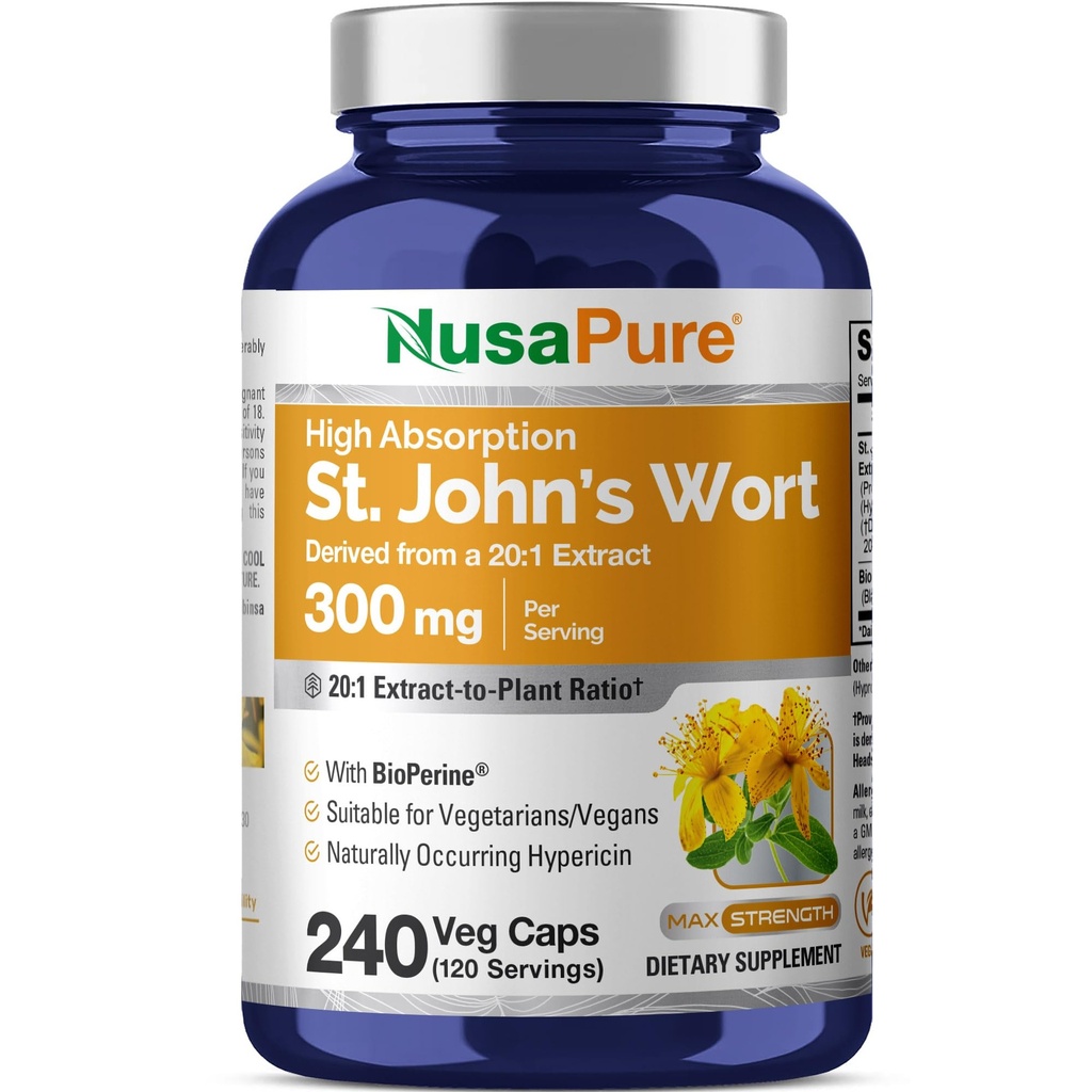 NusaPure St. John's Wort 20:1 Extract, 300 mg Equivalent till 6000mg 240 Veggie Capsules (Vegetarian, Non-GMO) Bioperine