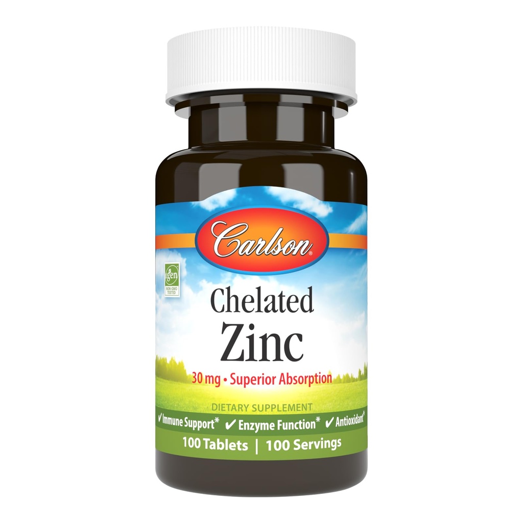 Carlson - Chelated Zink, 30 mg - Superior Absorption, Immune Support & Enzyme Funktion, Antioxidant, 100 tabletter