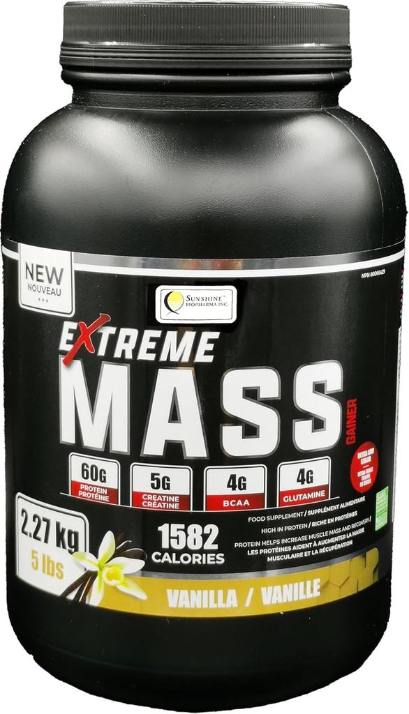Extreme Mass Gainer Muscle Builder, 5 lb (2,27 kg) Låg socker hög kalorier för intensiv träning (Vanilla)