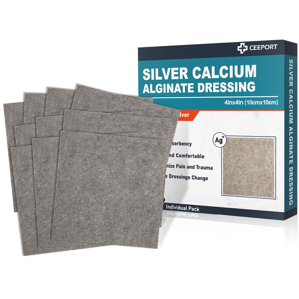 Ag Silver Calcium Alginate Wound Dressing Pads, 4''x4'' Patches, 10 Individual Pack, Soft Silver Dressings for Wound Care, Gentle Highly Absorbent Dressing, Non Stick Gauze Pads för sår
