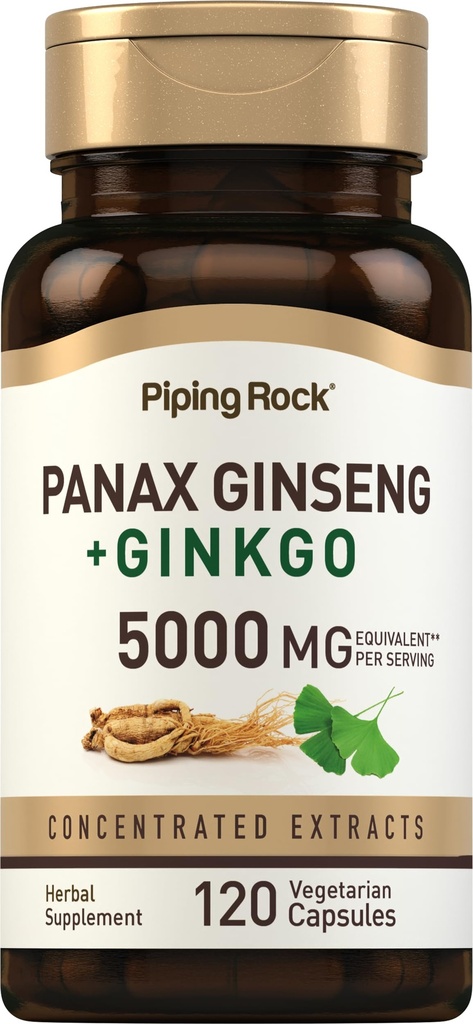 Piping Rock Panax Ginseng & Ginkgo Biloba Supplement | 5000 mg | 120 kapslar | med Black Pepper Extract | Vegetarian, Non-GMO och Gluten Free Supplement
