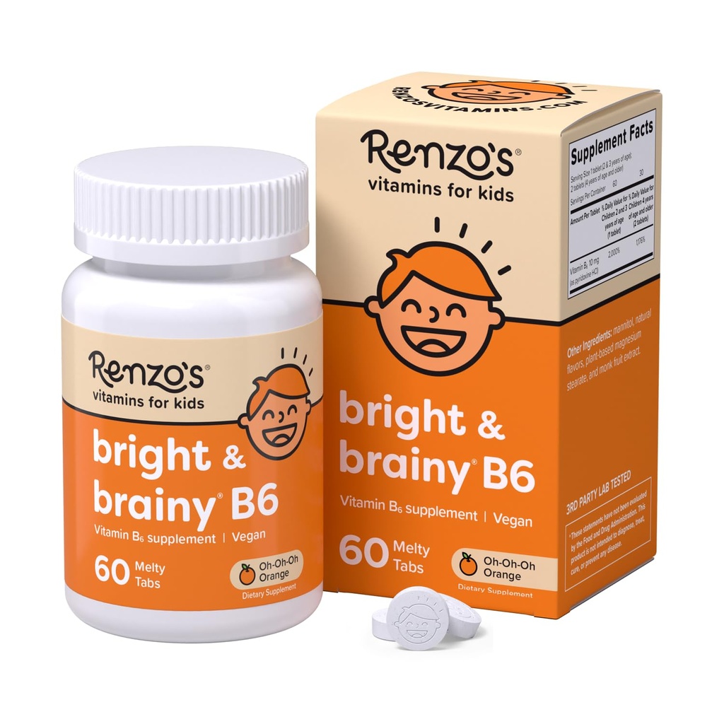 Renzo's Bright & Brainy Vitamin B6, Dissolving Kids Vitamin B6, 60 Sugar-Free Melty Tabs, Oh Oh Oh Oh Orange smaksatt