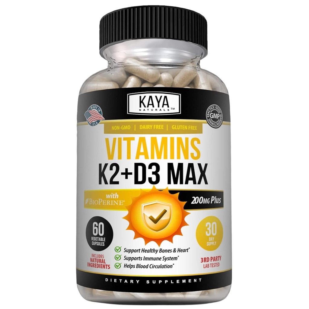 Kaya Naturals Vitaminer K2 med D3 5000IU Supplement för män och kvinnor - Lätt att svälja - Bioperinkapslar (60 greve av 1)