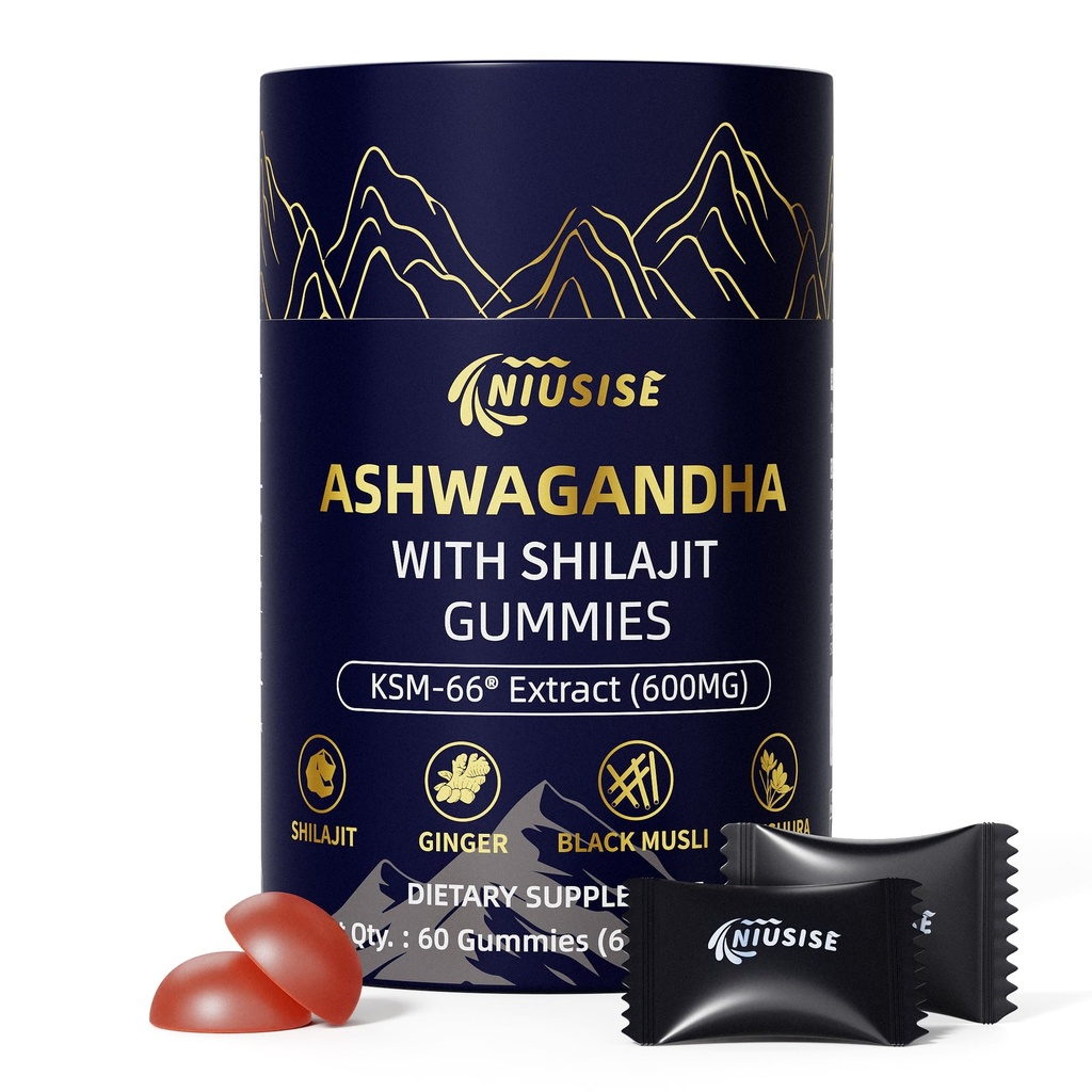 Ashwagandha Gummies med Shilajit 300mg för kvinnor och män, Zero Sugar ashwagandha Supplements med Maca Root Powder | Organisk ashwagandha Extra Styrka för Boost Energy 60 Gummies