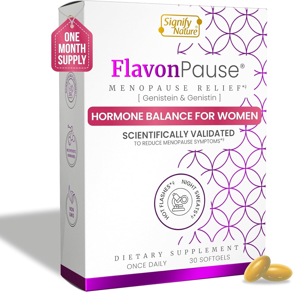 FlavonPause Hot Flashes Menopause Relief - CLINICALLY Tested -| Natural Hot Flash Relief, Night Sweats Relief, Skin Aging | Multi Menopause Symptom Relief | 30 Softgels