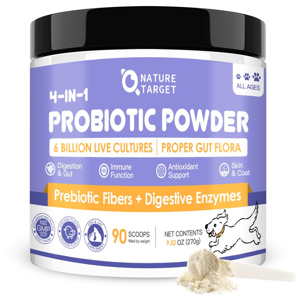 NATURE TARGET Probiotics for Dogs - Dog Probiotics, Plus Prebiotic, Digestive Enzymes, Fiber, Support Gut, Immune Health, 6 miljarder CFU Dog Probiotic Powder, Relieve Diarrhea, Loose Stool, 90 Scoops
