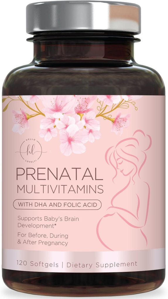 Prenatal Vitamins för kvinnor med Folic Acid & DHA, Fetal Brain Development Support med Folate & Omega 3, Multivitamin med vitamin A, C, D, B6, B12 & Iron, Graviditetstillägg - 120 Softgels