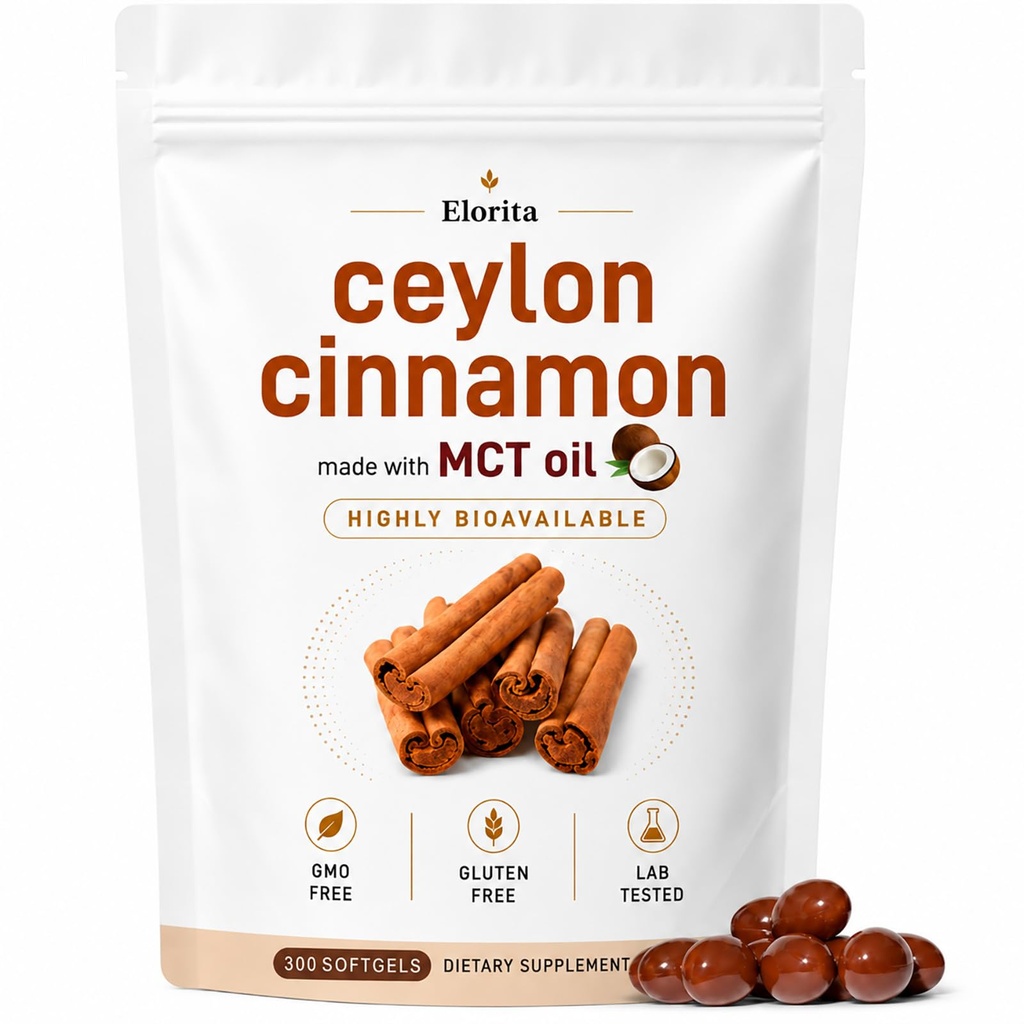 Elorita Ceylon Cinnamon Softgels with MCT Oil, Premium Ceylon Cinnamon Supplement, Highly Bioavailable Liquid Extract Formula, Non GMO, Gluten Free, 300 Softgels