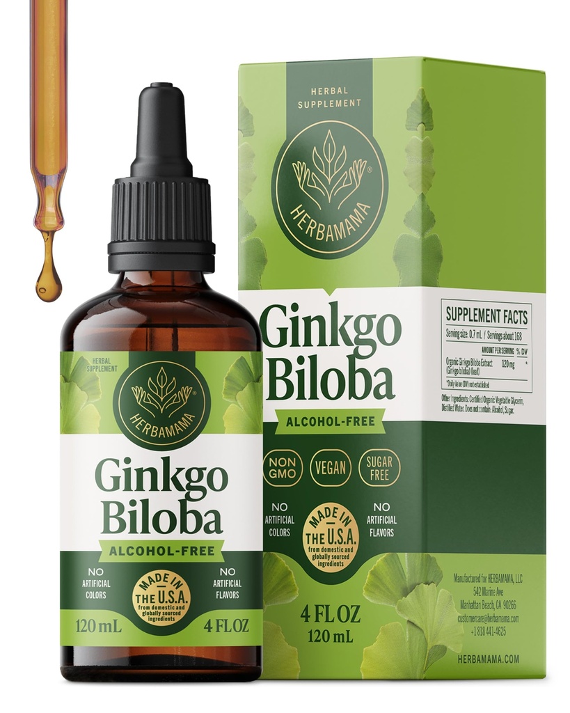HERBAMAMA Ginkgo Biloba Supplements - Brain Supplements for Focus & Memory - Ginkgo Biloba Extract for Brain Support - Vegan, Non-GMO, Alcohol & Sugar-Free, 84-Day Supply
