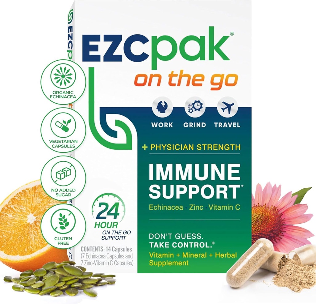 EZC Pak On The Go Immune System Booster med Echinacea, Vitamin C, Zink, Immune Support Supplement, Immunity Vitamins for Adults, Travel-Friendly Packaging, Vegetarian, Gluten-Free