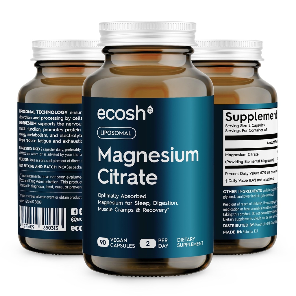 Liposomal Magnesium Citrate kapslar - High Absorption Magnesium Supplement för förstoppning, sömn, muskelkramper och återhämtning | Hög styrka Mg | Lätt att svälja Veg kapslar | Icke-GMO | 90 ct