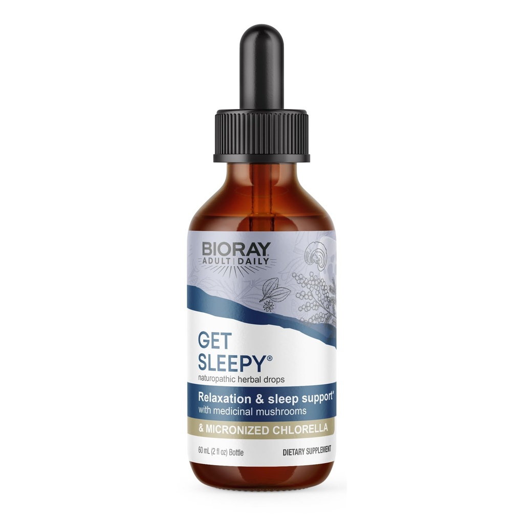 BIORAY Daily Get Sleepy - 2 fl oz - Relaxation & Rest Support - Medicinal Mushrooms & Micronized Chlorella - Non-GMO, Vegan, Gluten Free - Cirka 30 portioner