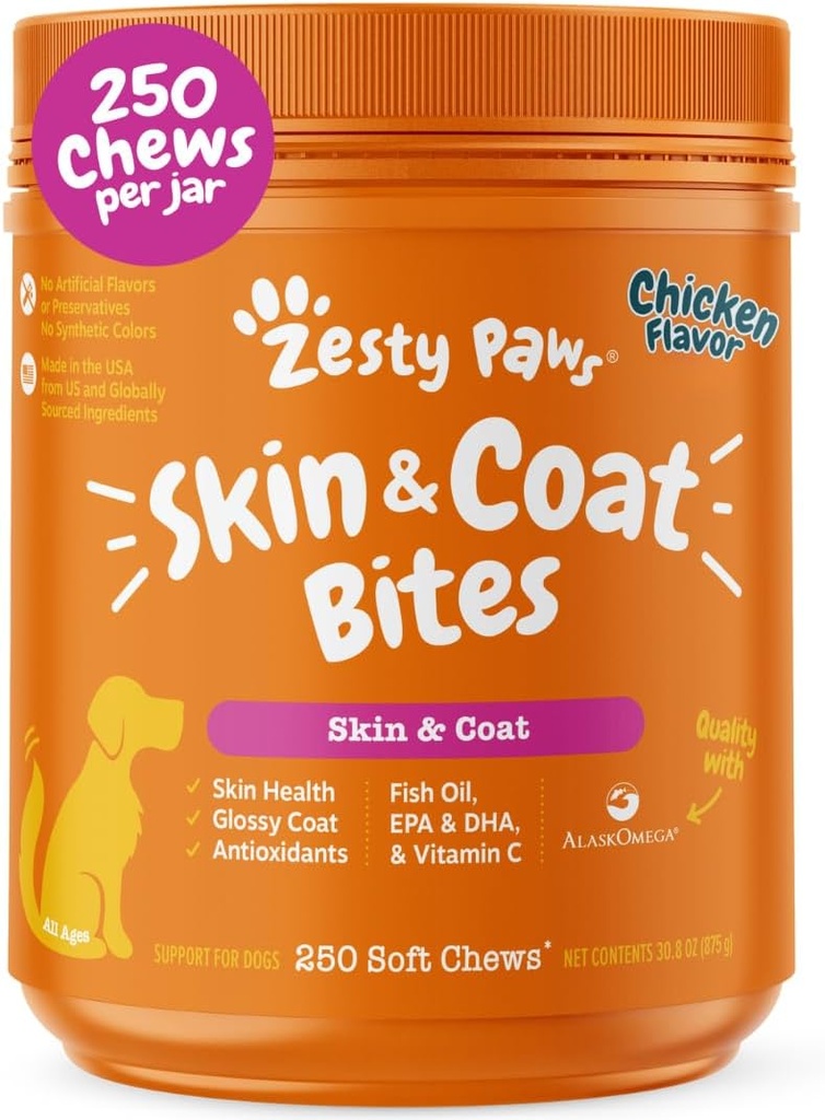 Zesty Paws Omega 3 fiskolja för hundar - Zesty Paw Dog Vitaminer och tillägg för Hip, Joint & Skin, Chicken (250 Chews)