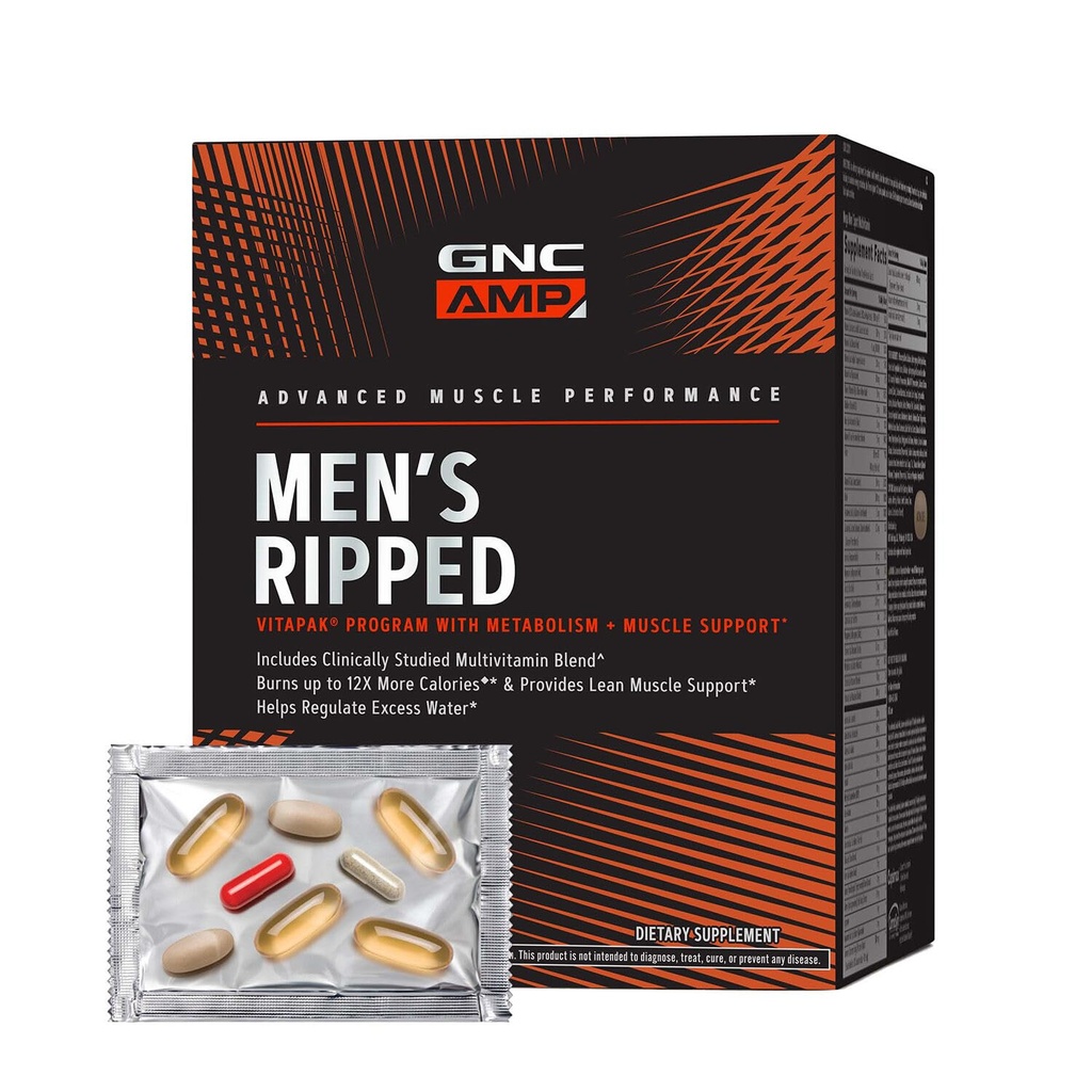 GNC AMP Men’s Ripped Vitapak Program, 4 in 1 Product Vitamin Pack, Metabolism & Lean Muscle Tone, Burn Calories, Water Shedding, Adult Multivitamin, Caffeine, CLA, Proven Ingredients, 30-Day Supply