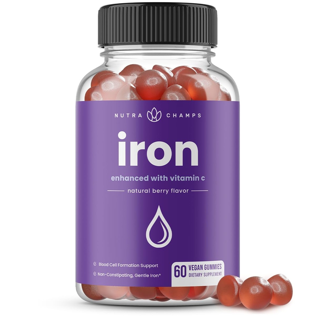 NutraChamps Iron Gummies med vitamin C - 20mg, Blood Cell Formation Support, 60 Vegan Gummies för järnbrist och anemi, energi, fokus, Immune Boost